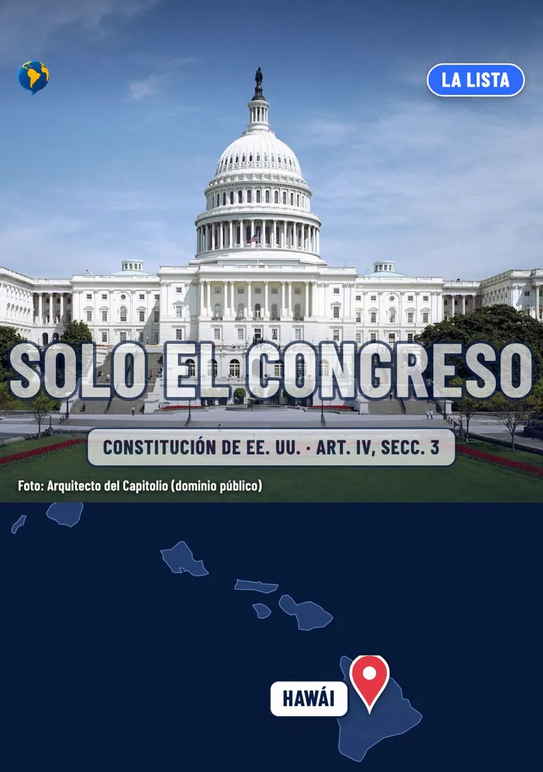 El Capitolio de Estados Unidos con el texto «Solo el Congreso» y, abajo, un mapa con un alfiler en Hawái
